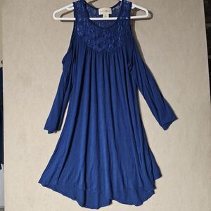 Boho Blue Cold Shoulder Tunic Dress Women's Size Large Lace Top Asymmetrical Hem